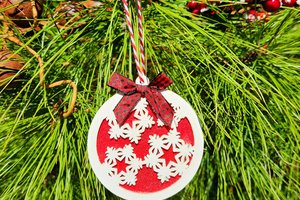Wooden Snowflake Ornament, Layered Ornament, Snowflake Round Christmas Tree Ornament, Wooden Christmas Ornament, Red and White, Christmas
