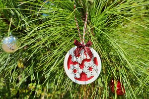 Wooden Snowflake Ornament, Layered Ornament, Snowflake Round Christmas Tree Ornament, Wooden Christmas Ornament, Red and White, Christmas