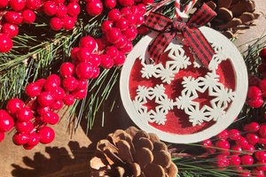 Wooden Snowflake Ornament, Layered Ornament, Snowflake Round Christmas Tree Ornament, Wooden Christmas Ornament, Red and White, Christmas