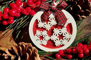 Wooden Snowflake Ornament, Layered Ornament, Snowflake Round Christmas Tree Ornament, Wooden Christmas Ornament, Red and White, Christmas