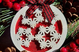 Wooden Snowflake Ornament, Layered Ornament, Snowflake Round Christmas Tree Ornament, Wooden Christmas Ornament, Red and White, Christmas