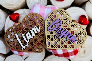 Valentine's Day Tags, Custom Valentines Day Basket Tags, Wooden Name Tags, Valentine Heart Tag, Rattan Cane Gift Tag, Gift Basket Tag, Vday