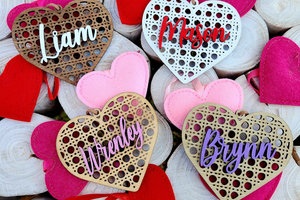 Valentine's Day Tags, Custom Valentines Day Basket Tags, Wooden Name Tags, Valentine Heart Tag, Rattan Cane Gift Tag, Gift Basket Tag, Vday