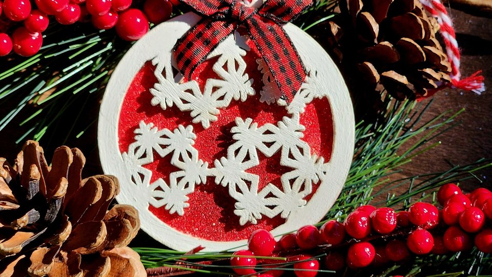 Wooden Snowflake Ornament, Layered Ornament, Snowflake Round Christmas Tree Ornament, Wooden Christmas Ornament, Red and White, Christmas