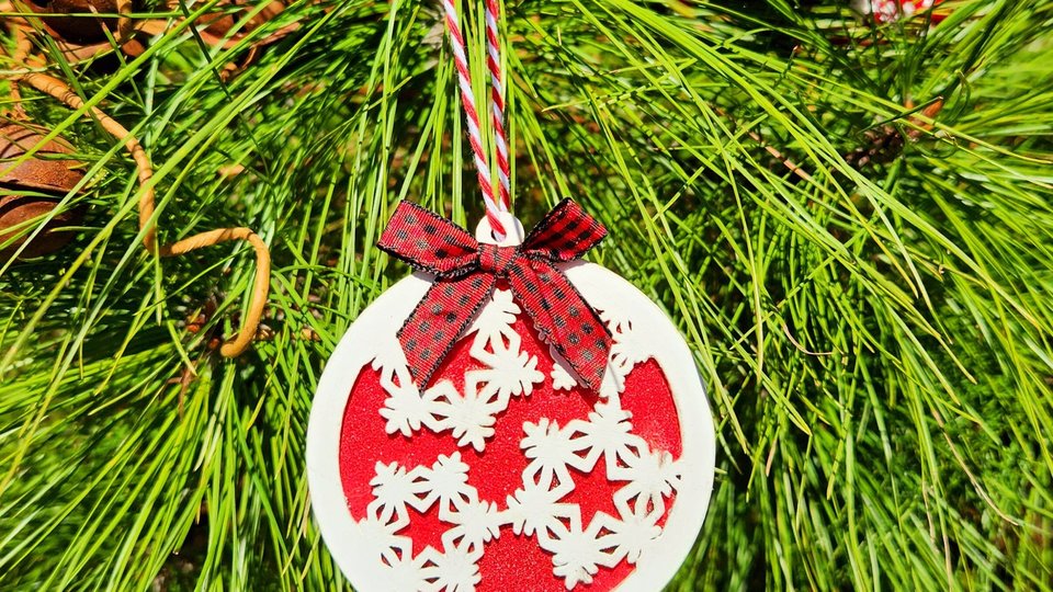 Wooden Snowflake Ornament, Layered Ornament, Snowflake Round Christmas Tree Ornament, Wooden Christmas Ornament, Red and White, Christmas
