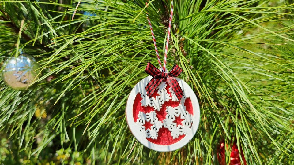 Wooden Snowflake Ornament, Layered Ornament, Snowflake Round Christmas Tree Ornament, Wooden Christmas Ornament, Red and White, Christmas