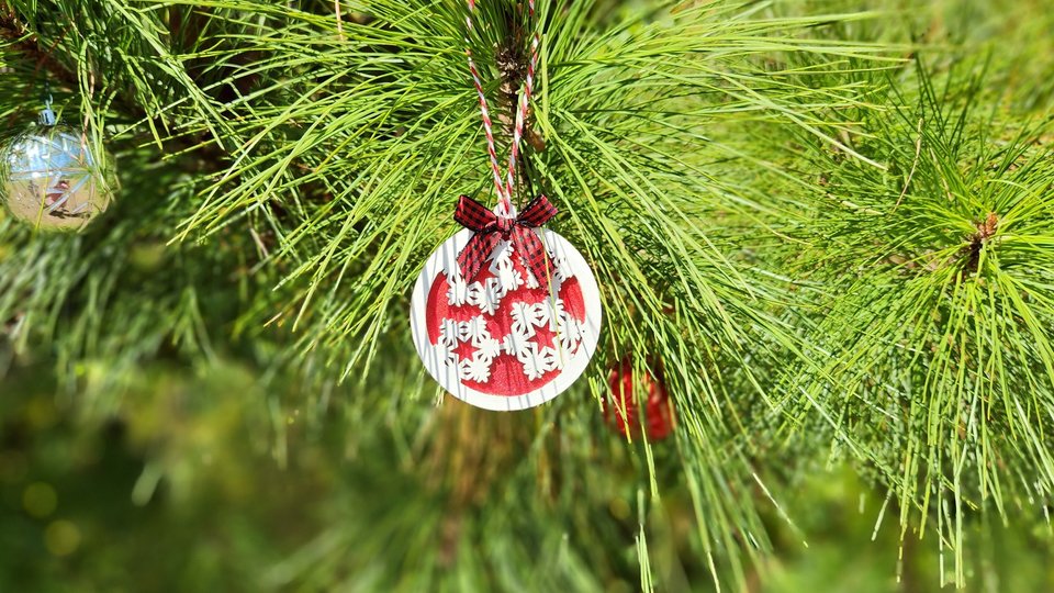 Wooden Snowflake Ornament, Layered Ornament, Snowflake Round Christmas Tree Ornament, Wooden Christmas Ornament, Red and White, Christmas