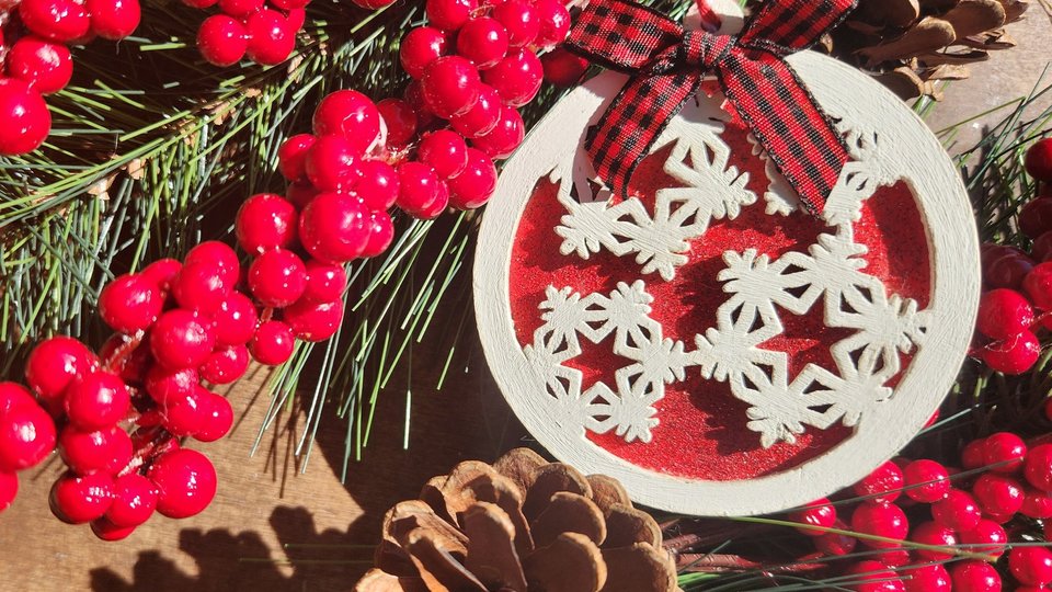 Wooden Snowflake Ornament, Layered Ornament, Snowflake Round Christmas Tree Ornament, Wooden Christmas Ornament, Red and White, Christmas