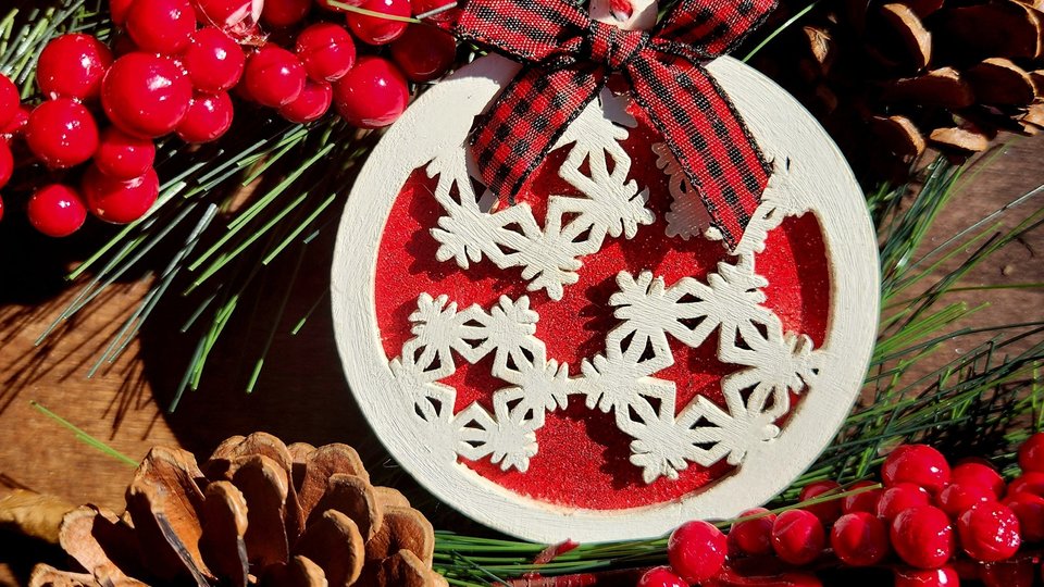 Wooden Snowflake Ornament, Layered Ornament, Snowflake Round Christmas Tree Ornament, Wooden Christmas Ornament, Red and White, Christmas
