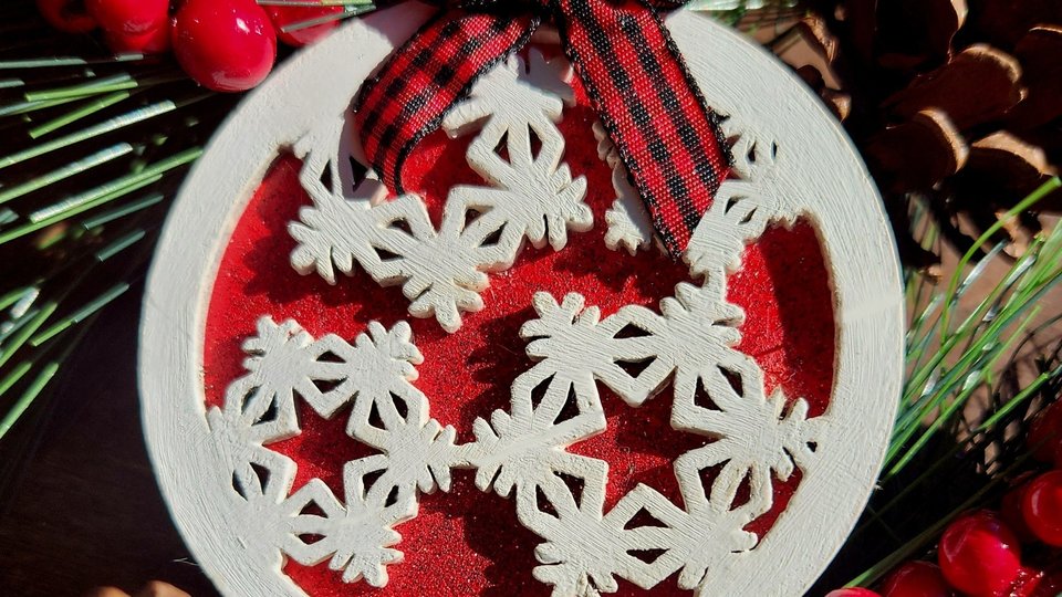 Wooden Snowflake Ornament, Layered Ornament, Snowflake Round Christmas Tree Ornament, Wooden Christmas Ornament, Red and White, Christmas