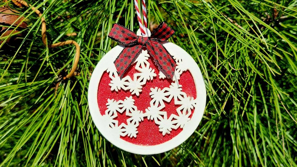 Wooden Snowflake Ornament, Layered Ornament, Snowflake Round Christmas Tree Ornament, Wooden Christmas Ornament, Red and White, Christmas