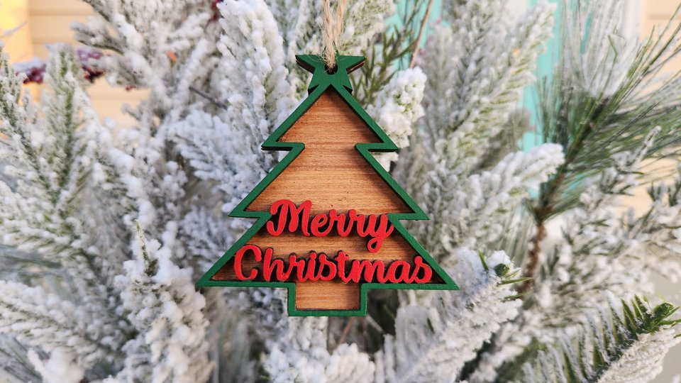3D Wood Ornament, Merry Christmas Ornament, Red And Green Ornament, Wood Ornament, Layered Ornament, Retro Ornament, Modern Ornament, 3D