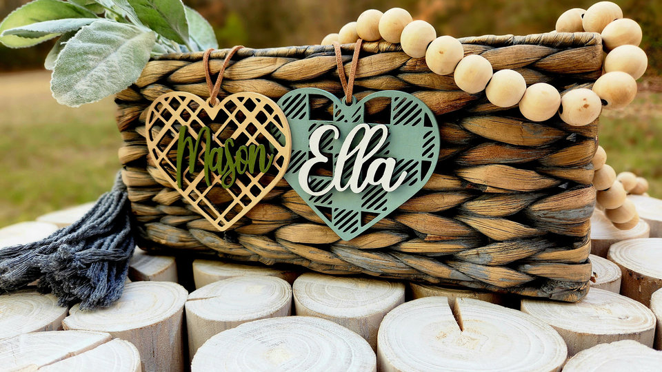 Valentines Day Tags, Valentine Basket Tags, Wooden Name Tags, Easter Basket Tag, Gift Tags, Easter Tags, Easter Basket, Buffalo Check, Heart