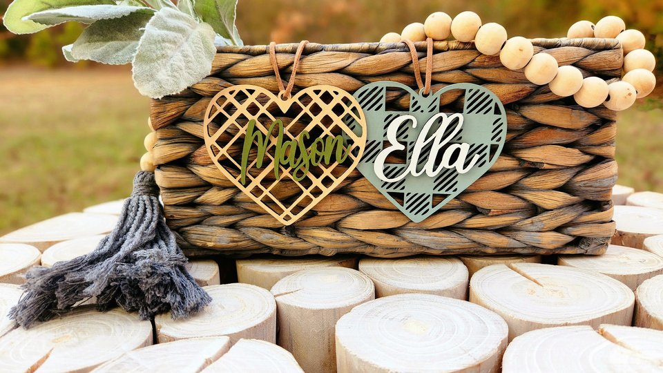 Valentines Day Tags, Valentine Basket Tags, Wooden Name Tags, Easter Basket Tag, Gift Tags, Easter Tags, Easter Basket, Buffalo Check, Heart