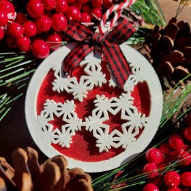 Wooden Snowflake Ornament, Layered Ornament, Snowflake Round Christmas Tree Ornament, Wooden Christmas Ornament, Red and White, Christmas