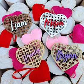 Valentine's Day Tags, Custom Valentines Day Basket Tags, Wooden Name Tags, Valentine Heart Tag, Rattan Cane Gift Tag, Gift Basket Tag, Vday